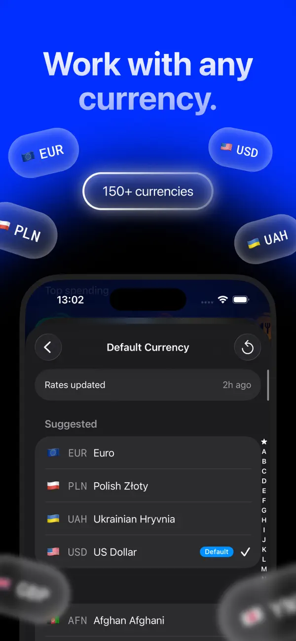Currency picker in Expensa with the euro, Polish złoty, Ukrainian hryvnia and US dollar