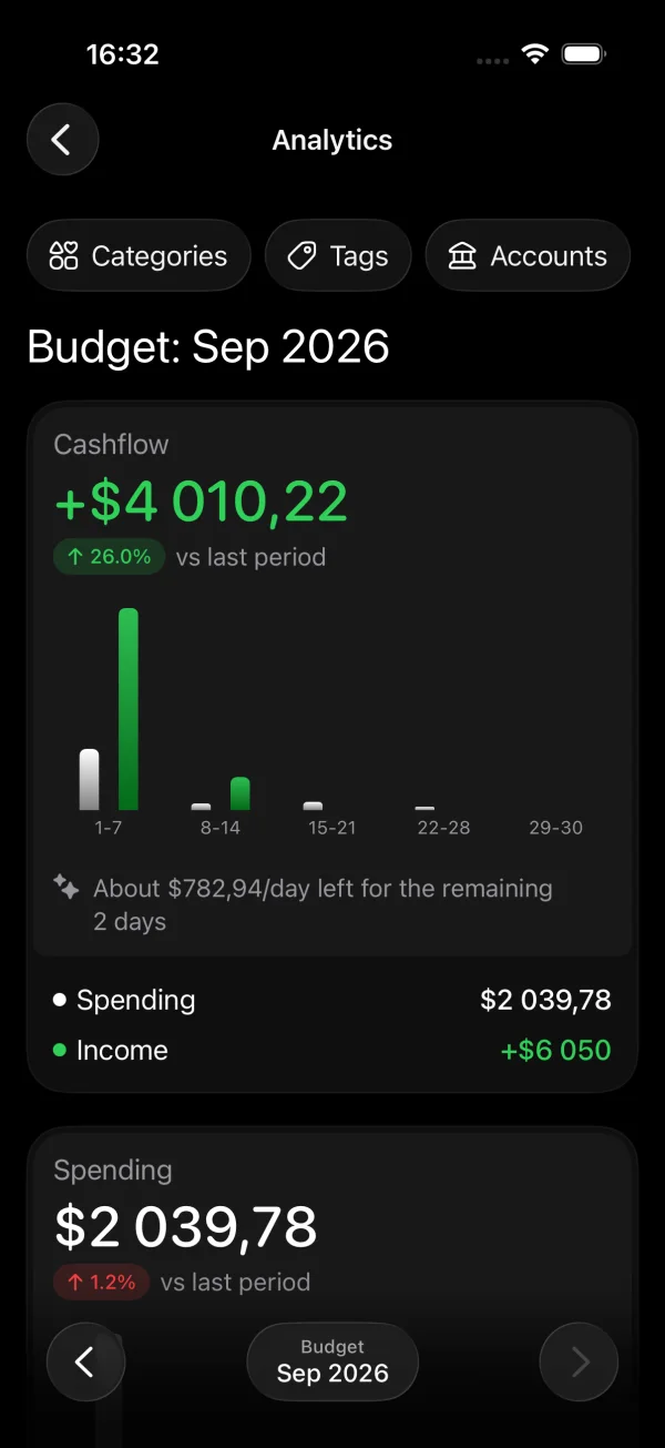 Expensa analytics screen comparing cash flow, spending and income