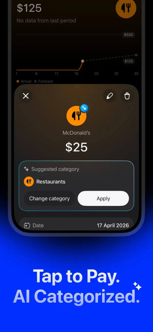 A $25 McDonald's Apple Pay payment in Expensa with Restaurants suggested as the category