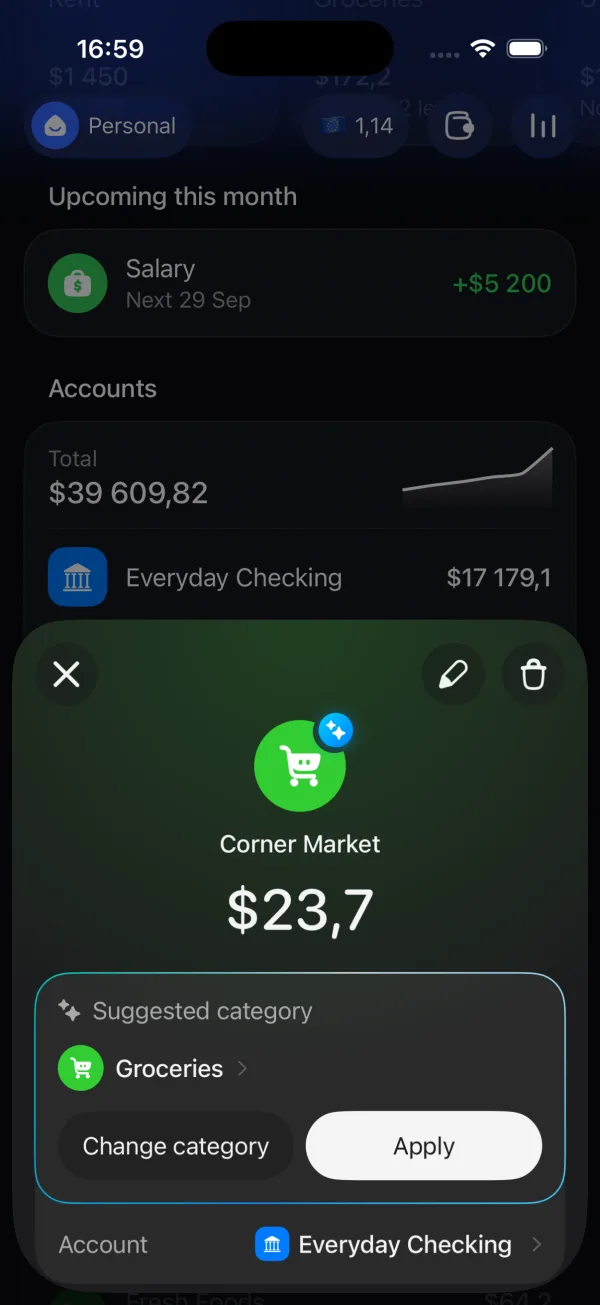 Expensa suggests a category for an Apple Pay payment