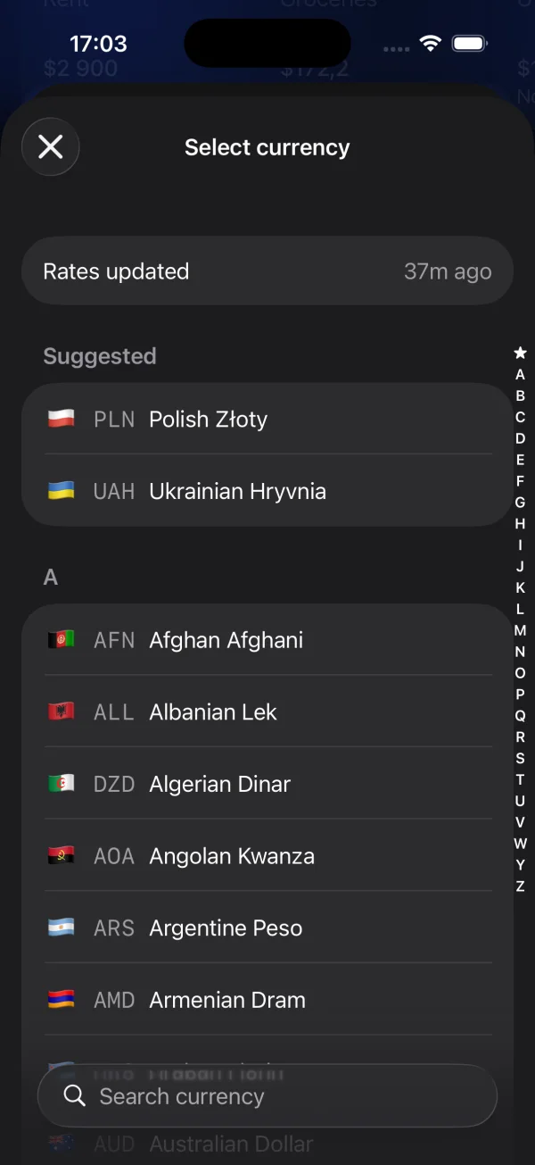 Expensa currency picker with Polish złoty, Ukrainian hryvnia and other currencies
