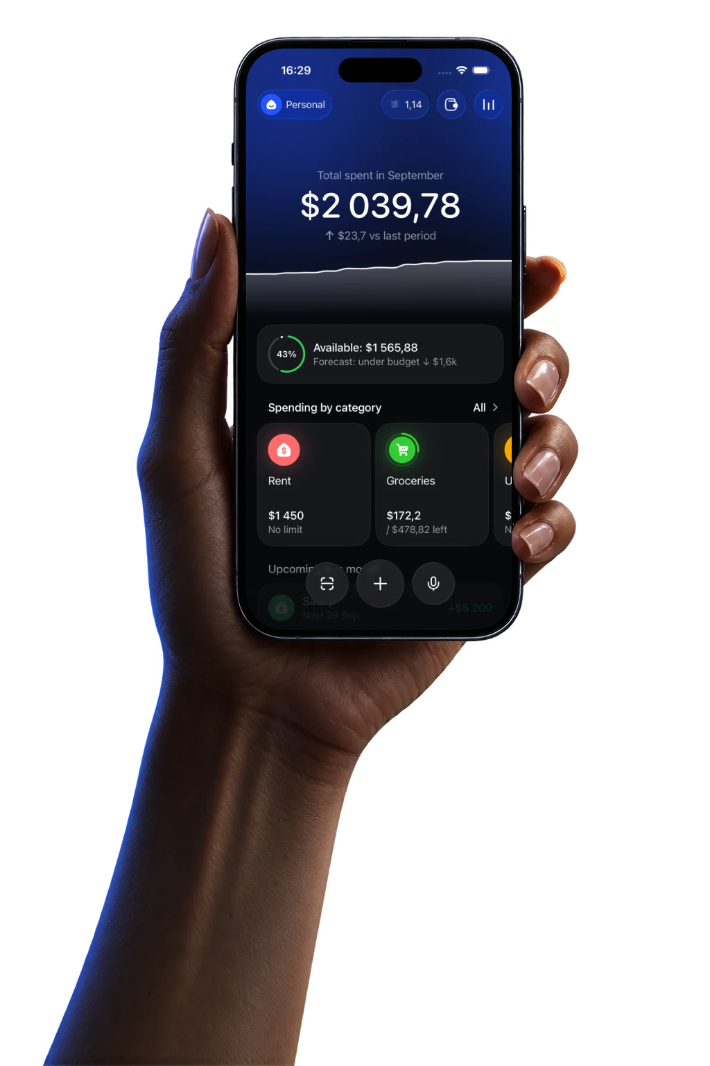 A hand holding an iPhone showing the Expensa spending dashboard