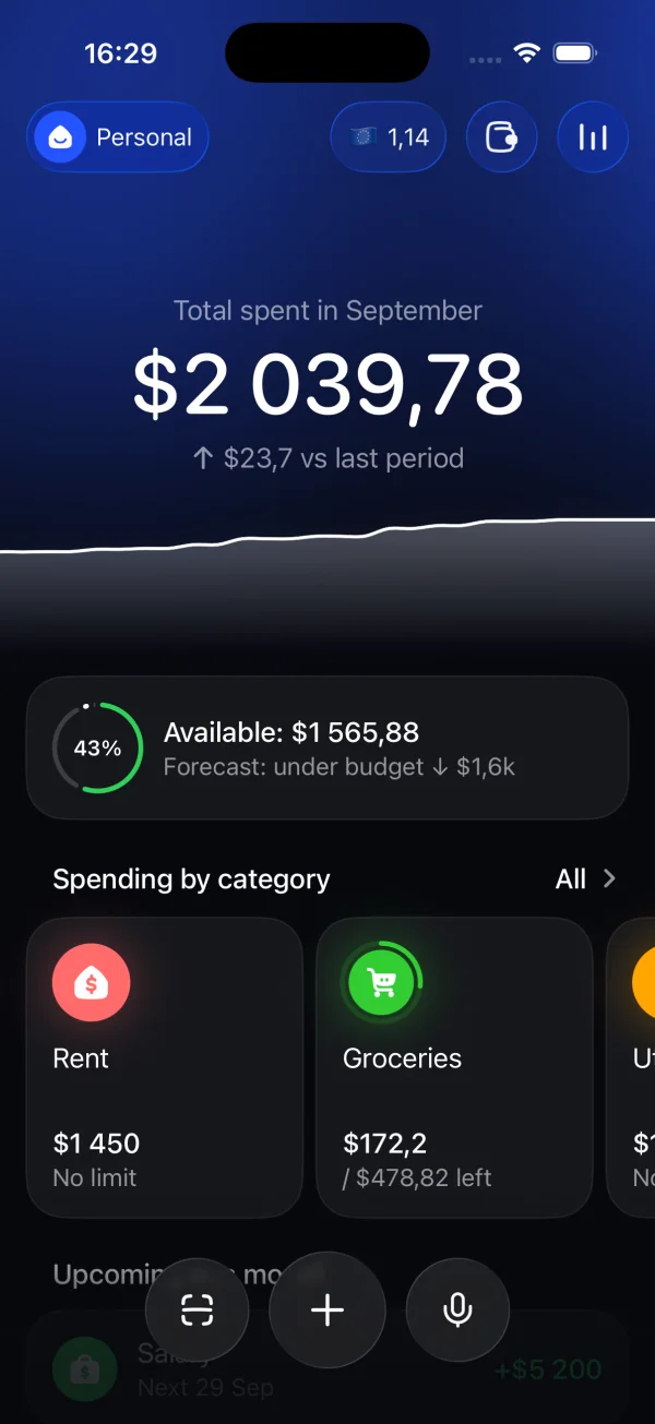 Expensa home screen showing monthly spending, available budget and category totals