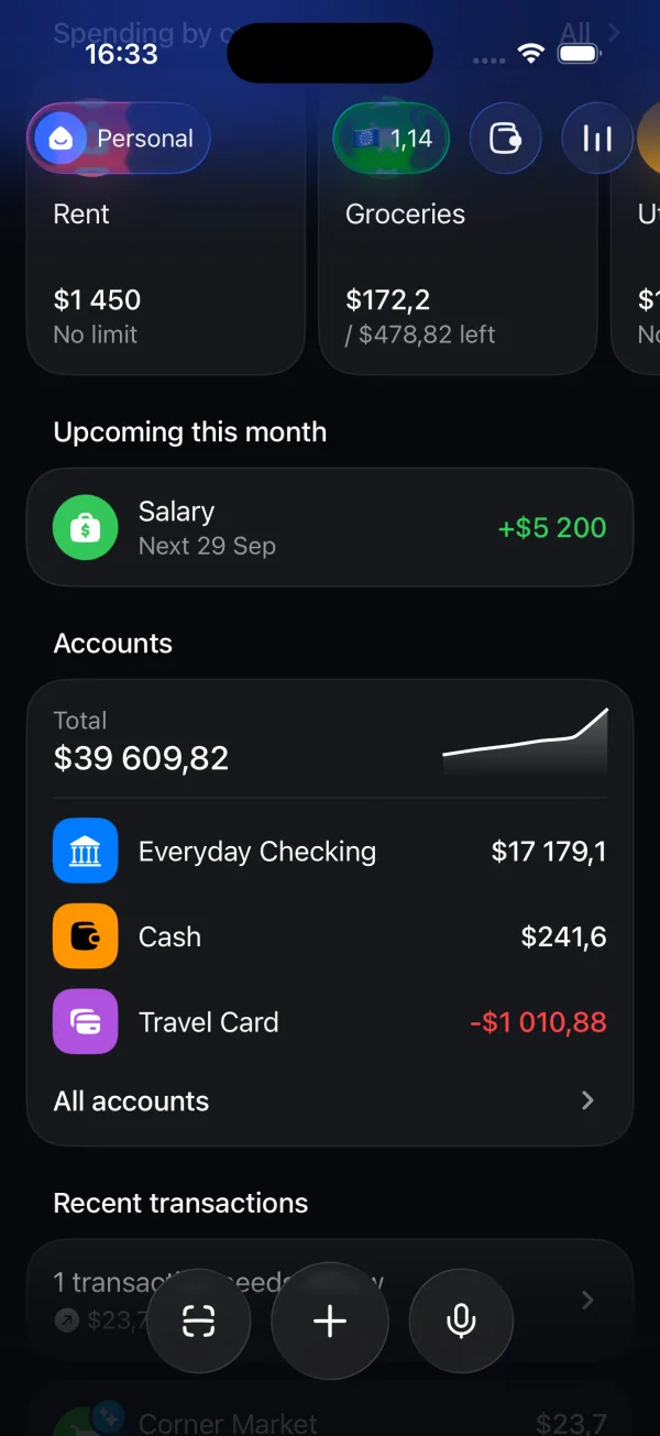 Expensa showing an upcoming salary payment and account balances