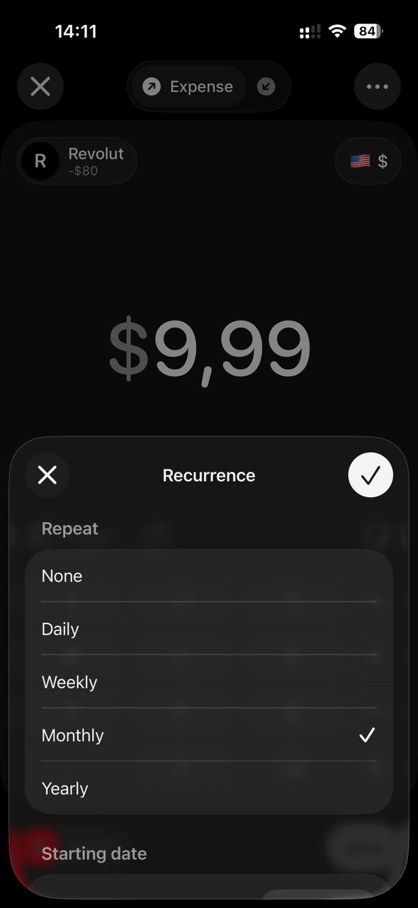 Setting repeat frequency for a recurring transaction