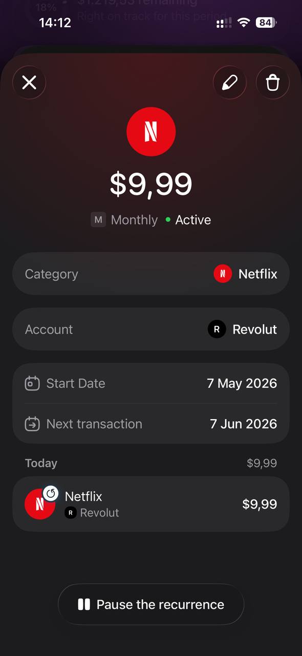 Recurring transaction saved in Expensa